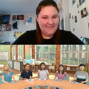 split screen photo with woman on the top and virtual students on the bottom