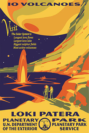 stylized graphic of people watching lava lake with a large planet in the sky