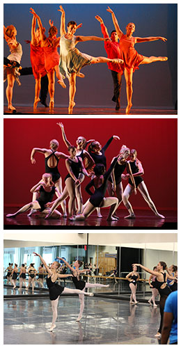 three photos of dancers performing and rehearsing