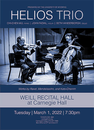 event poster with photo of trio performing