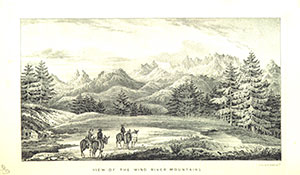 drawing of mountains and people on horseback