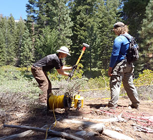 two people setting up equipment in a forested area