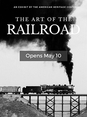 poster with a steam engine crossing a trestle