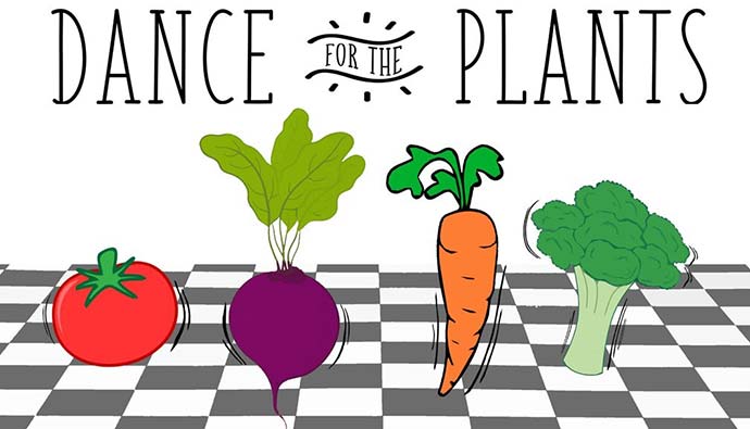 Banner with dancing veggies, reads "Dance for the Plants"