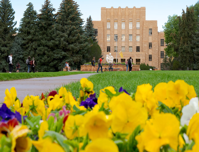 Students walking past a building, with flowers in the foreground
