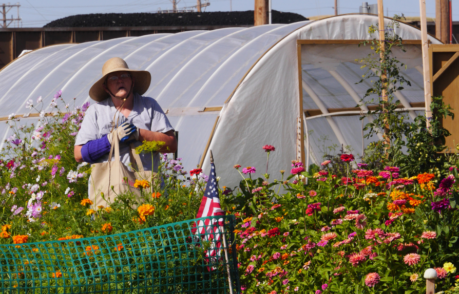 a woman holds a bag surrounded by flowers in a garden