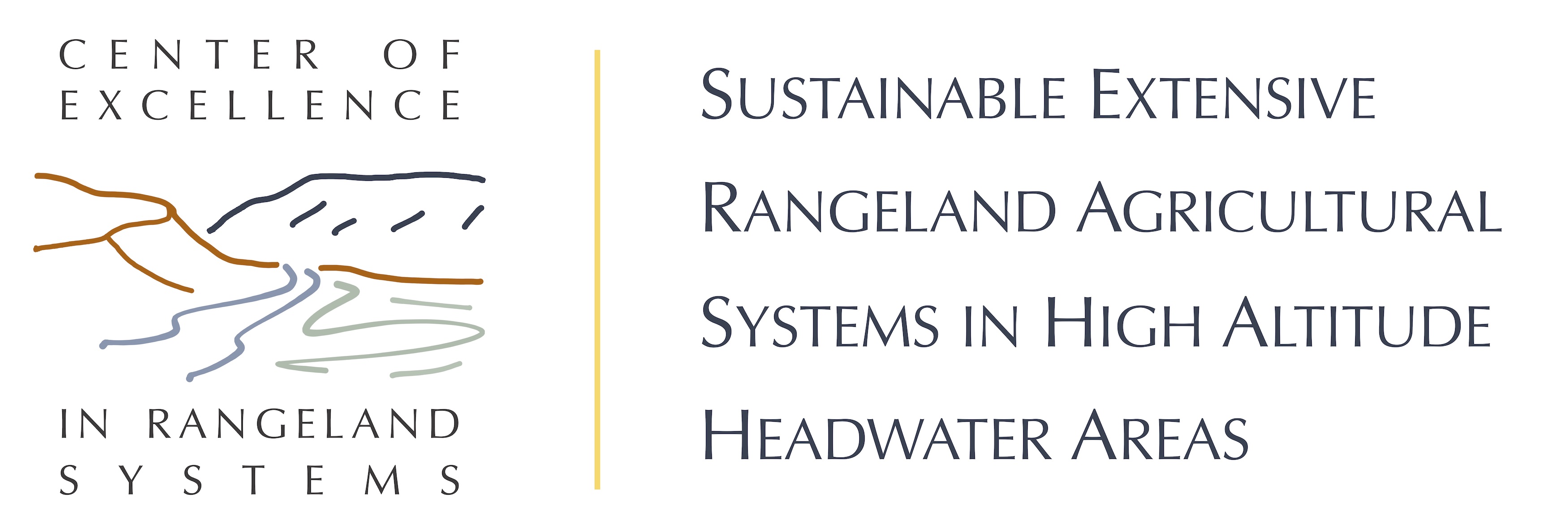 logo for center of excellence's full name: sustainable extensive rangeland agricultural systems in high altitude headwater areas. The logo image is a mesa and mountain in the background with a river running through a sagebrush plain