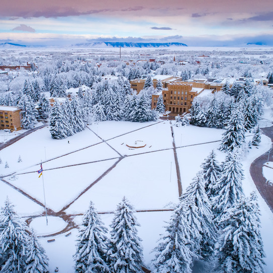 arial view of a snowy UW campus