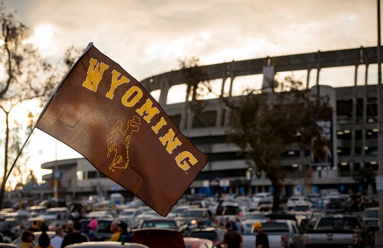 A Wyoming flag flies outside of a football stadium