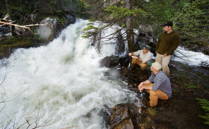 professor and students next to a waterfall