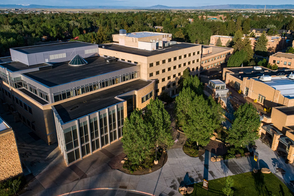 Arial image of Coe Library in Spring or Summer. 