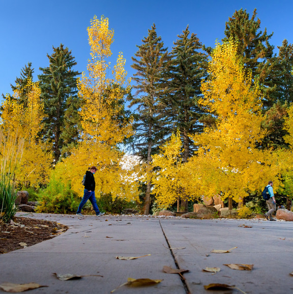 Student walking on campus. 