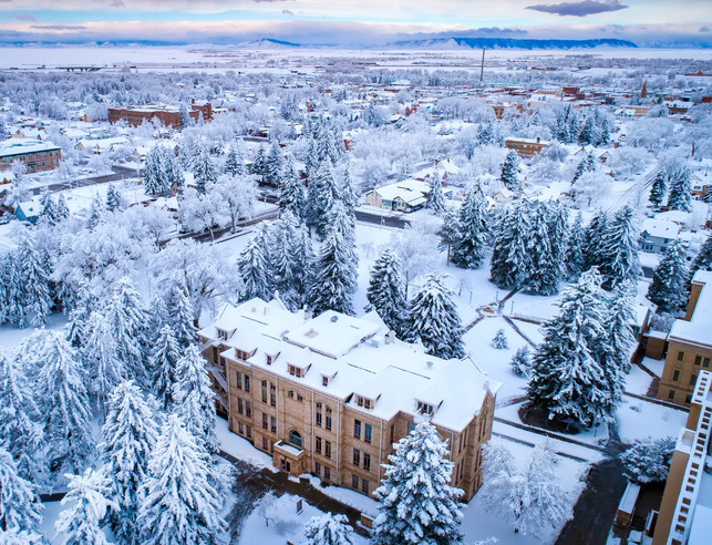 Aerial view of campus in snow