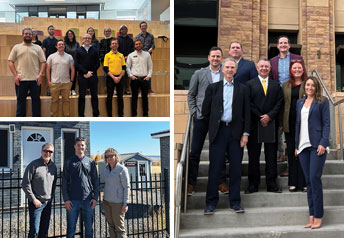 three photos showing groups from businesses visiting campus