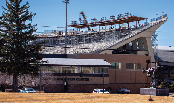 exterior of football stadium seats under construction