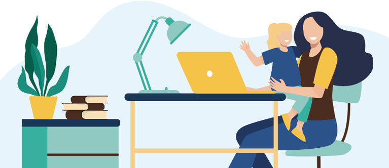illustration of women holding a child while working on a laptop