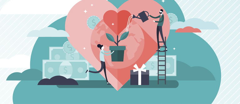illustration of two people watering a plant with a heart and money in the background