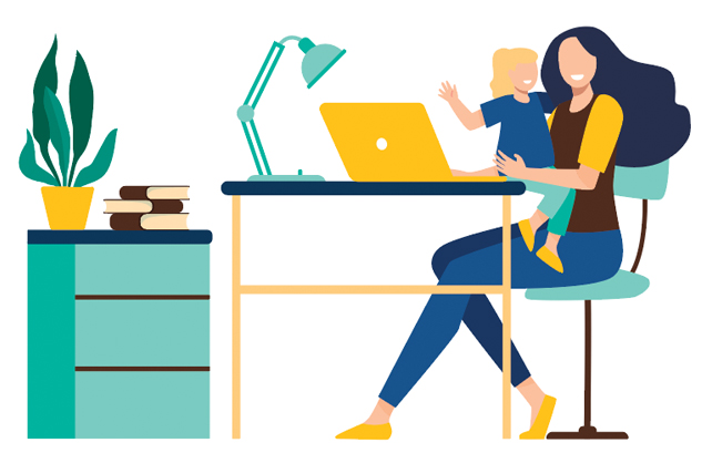illustration of a woman and child sitting at a desk in front of a computer