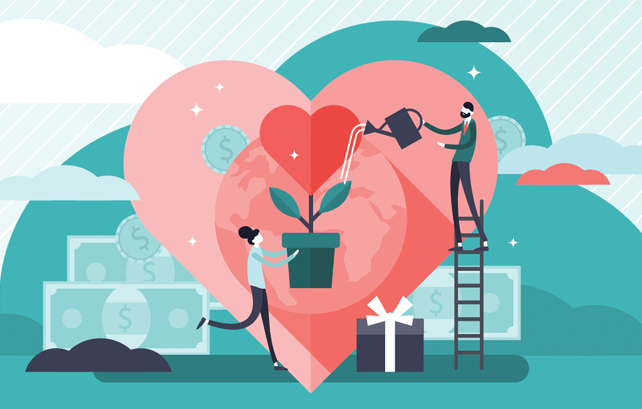 illustration of a heart and two people watering a plants