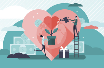 Illustration of a heart and two people watering a plant