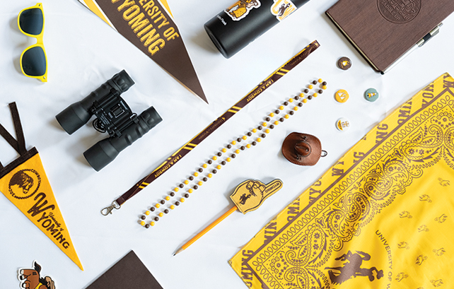 collage image of UW items including bandana, notebook, water bottle, flag, pencil, sunglasses
