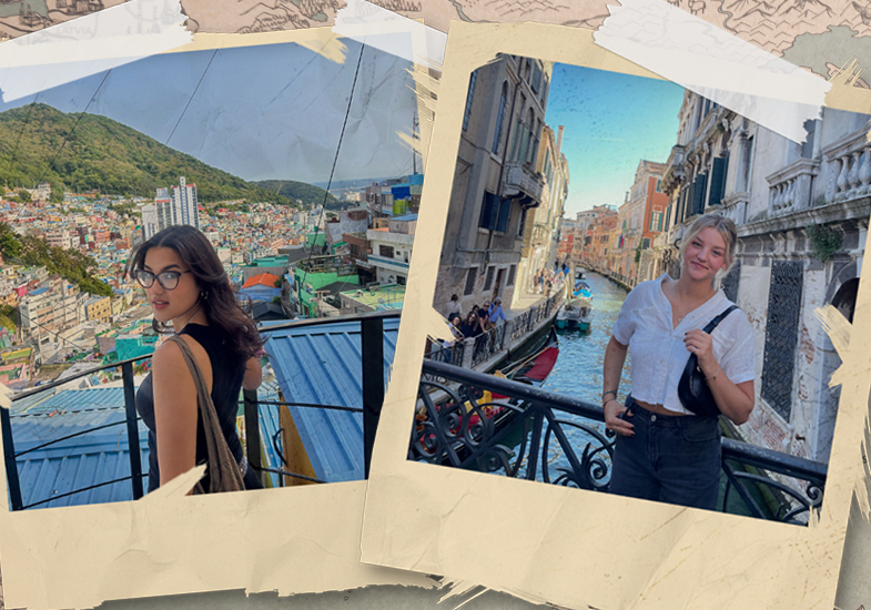 Two images of two female students traveling abroad