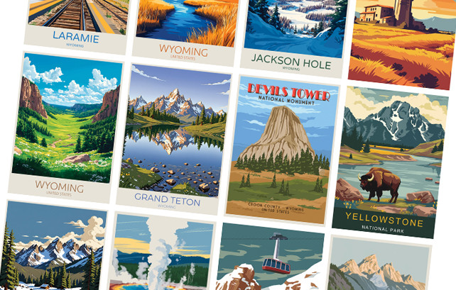 collage of illustrated Wyoming travel posters