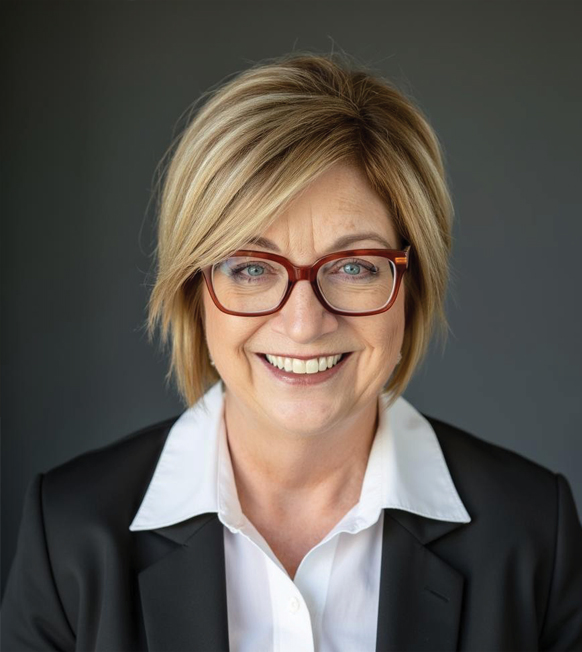 Woman in black jacket, white shirt wearing red glasses