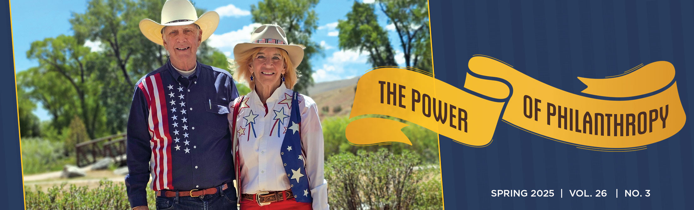 Headline: the power of philanthropy. Man and women outside on July 4th.