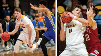 two action pictures of basketball players with the basketball