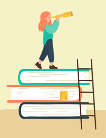 graphic of person standing on books