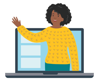 graphic of person in computer screen waving