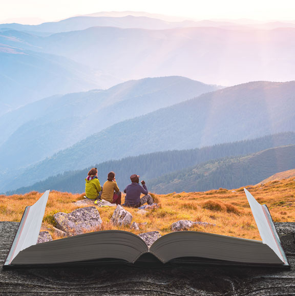 graphic of an open book merging into mountains, with people sitting on the book's edge