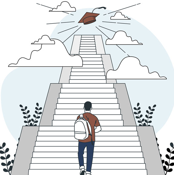 graphic of a person walking up a long set of stairs with a graduation cap at the top