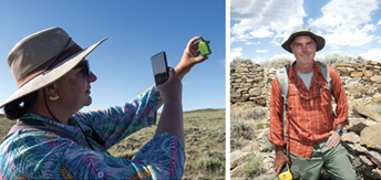 first photo is a person examining an item, second photo is a person posing outdoors