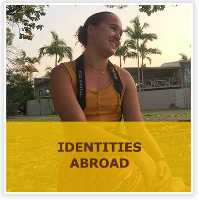 Identities Abroad text with picture of student