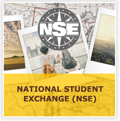 National Student Exchange with NSE logo and pictures of students on a map