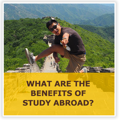 What are the benefits of study abroad? over student jumping on the great wall