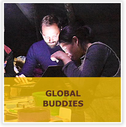 Global buddies over picture of two people looking at computer abroad