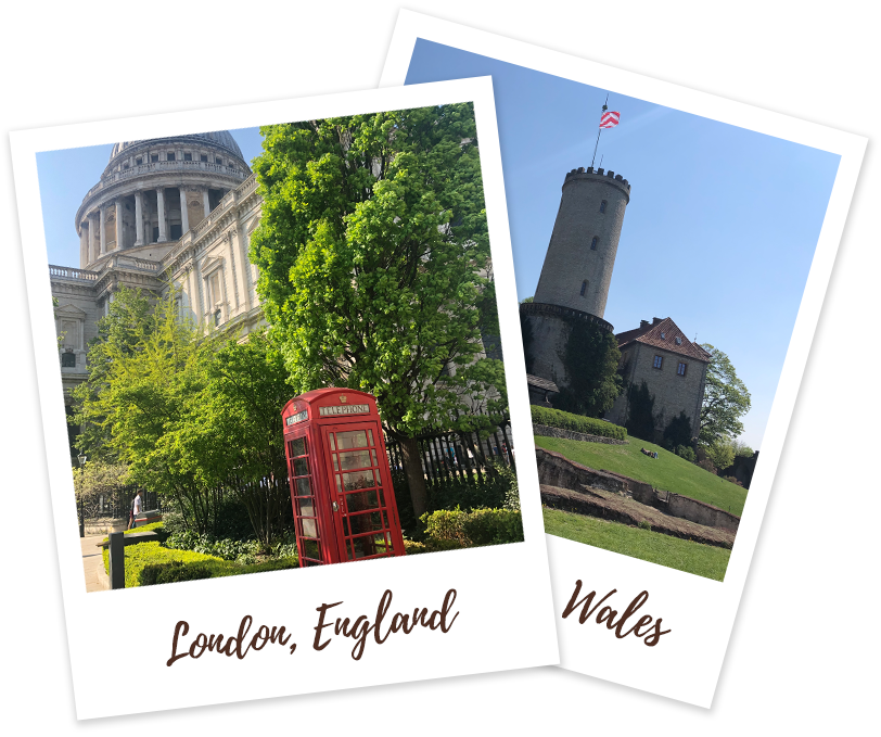 London, England red telephone booth and Wales castle