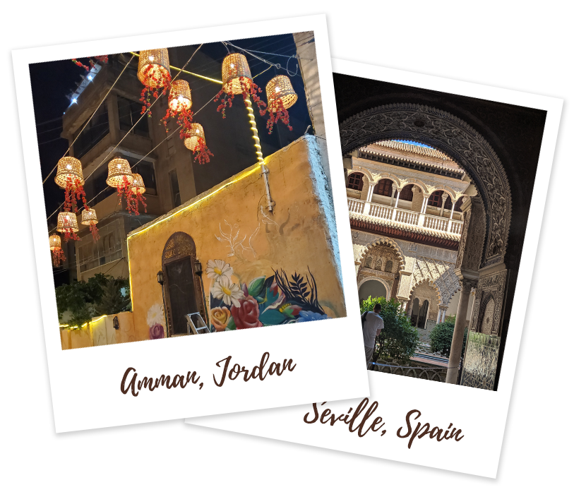 Pictures from Amman, Jordan of lights and building, and Seville Spain of archway