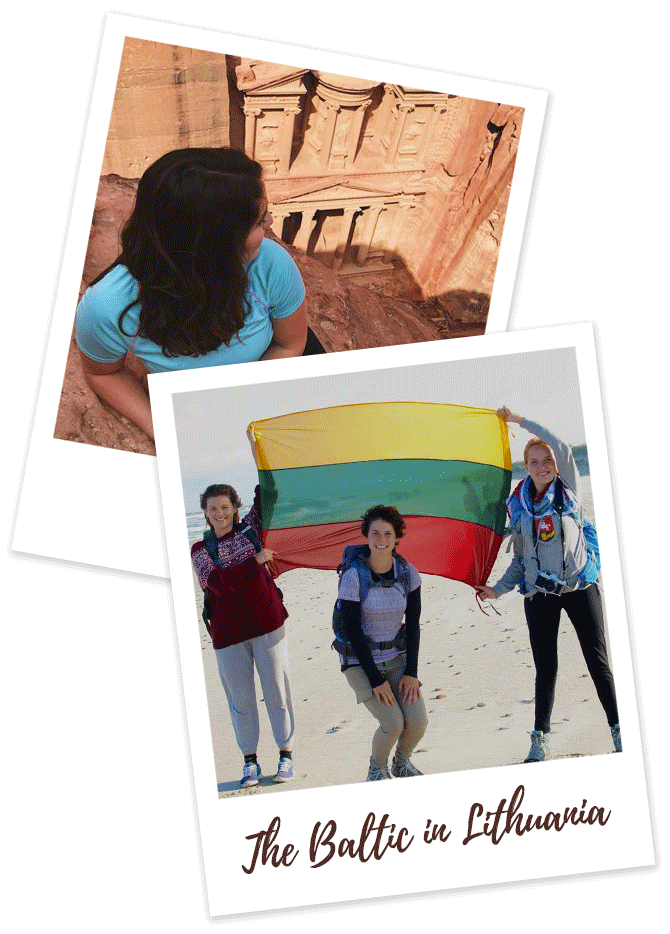 Picture of students with flag and student in front of ancient building