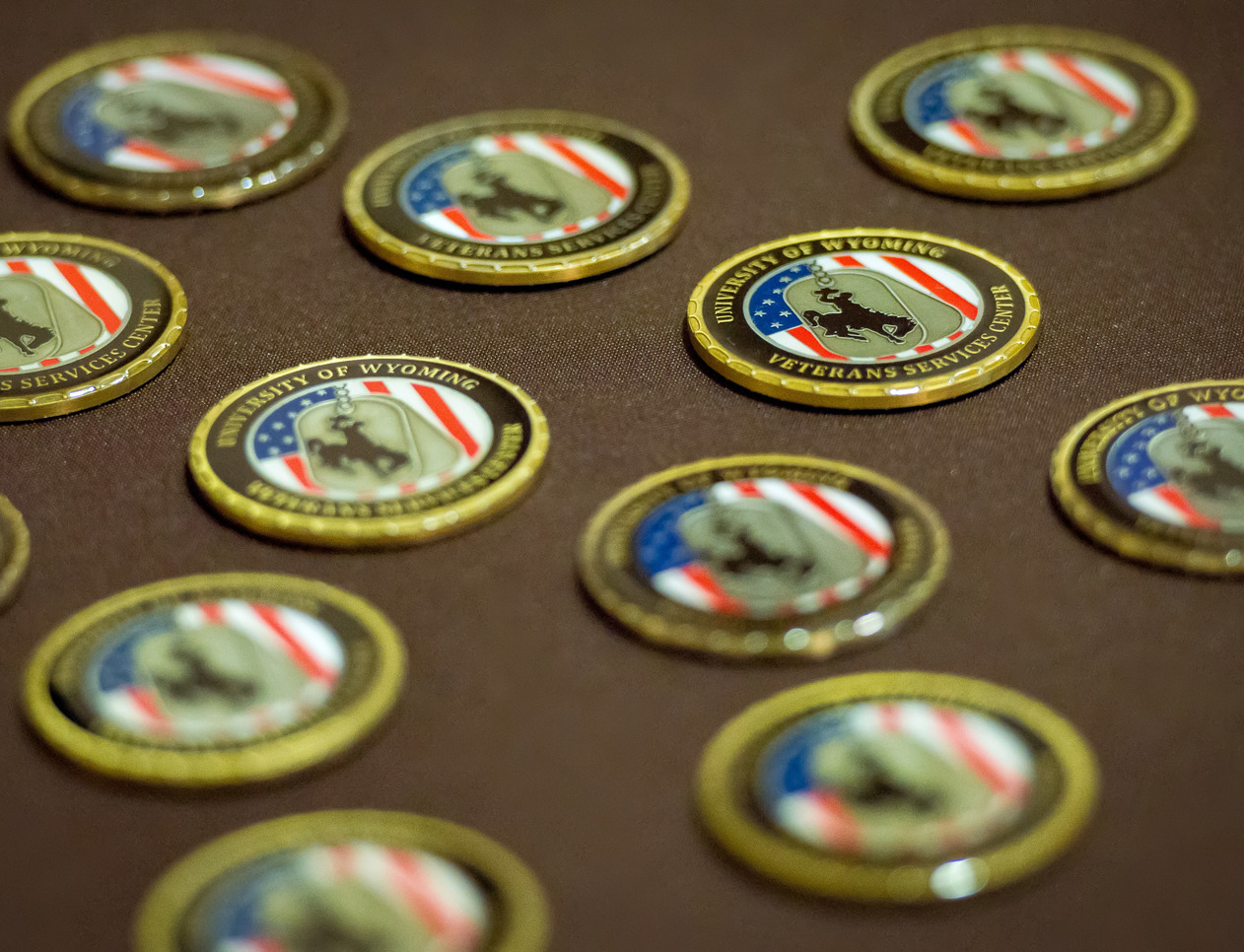 Military coins with the words Veterans Services Center on them.