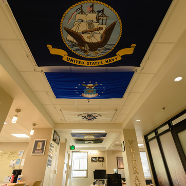 Flags on the ceiling of the Veterans Center