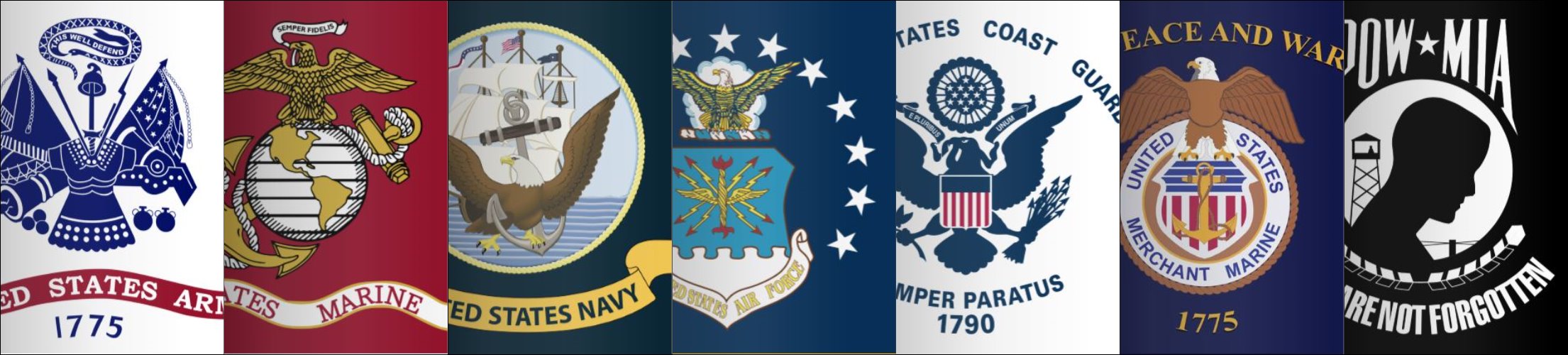 Military Flags Collage - from left to right Army, Marine Corps, Navy, Air Force, Coast Guard, Merchant Marines, POW and MIA