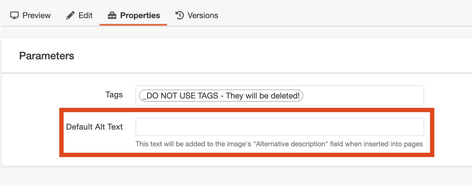 adding image alternative description inside the properties tab