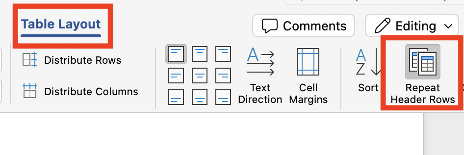 Repeating the Header Row on a table in Microsoft Word