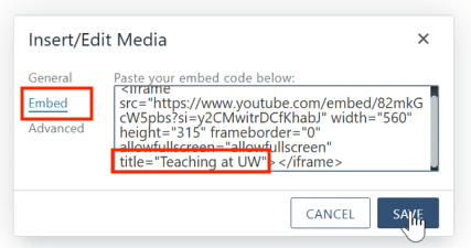 adding the title="" attribute to the end of the embed code