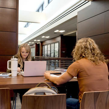 two people sitting opposite each other at a desk and one is using a laptop computer