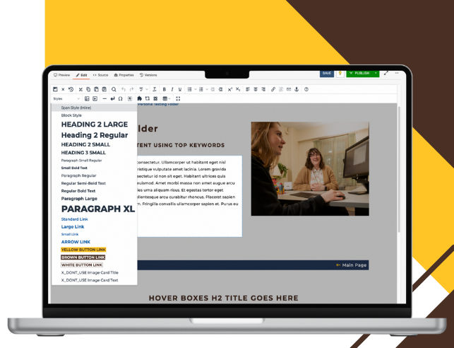 Screen on laptop showing the styling options available inside Modern Campus CMS